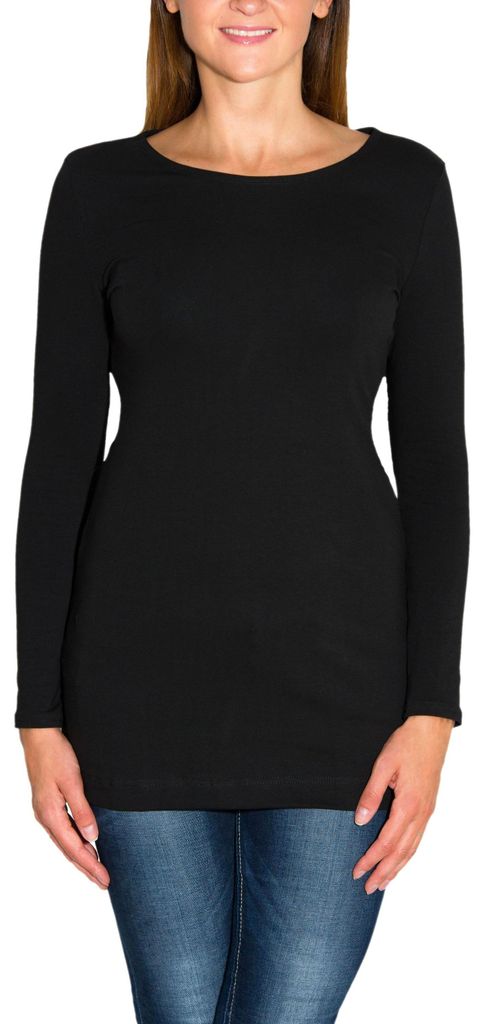 Alkato Damen Langarm Longshirt Langarmshirt Tunika Basic Shirt, Farbe: Schwarz, Größe: S