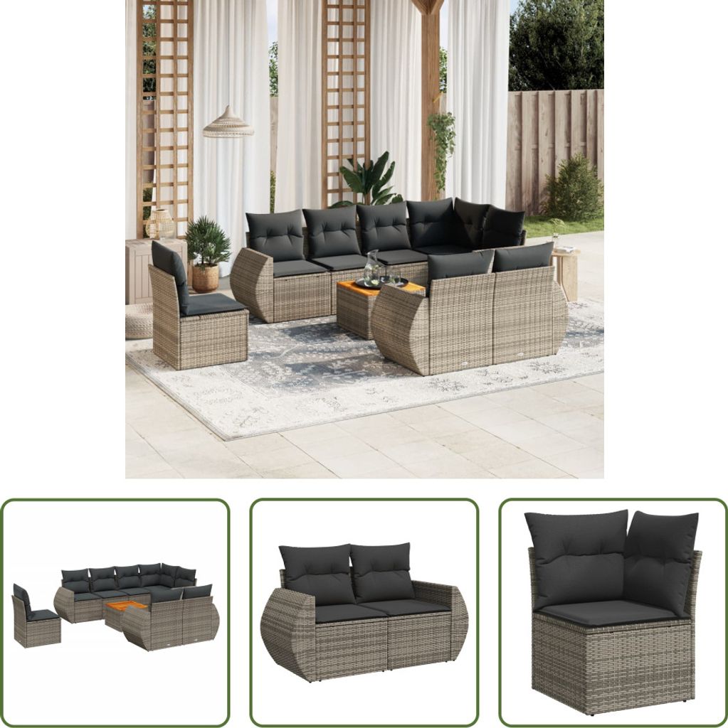 The Living Store 9-tlg. Garten-Sofagarnitur mit Kissen Grau Poly Rattan