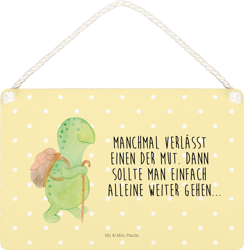 Mr. & Mrs. Panda Schild Schildkröte Wanderer DIN A5 - Gelb Pastell - Geschenk, Wandbild Holz, Rucksack, wandtafel, Motivationssprüche, Motivation...