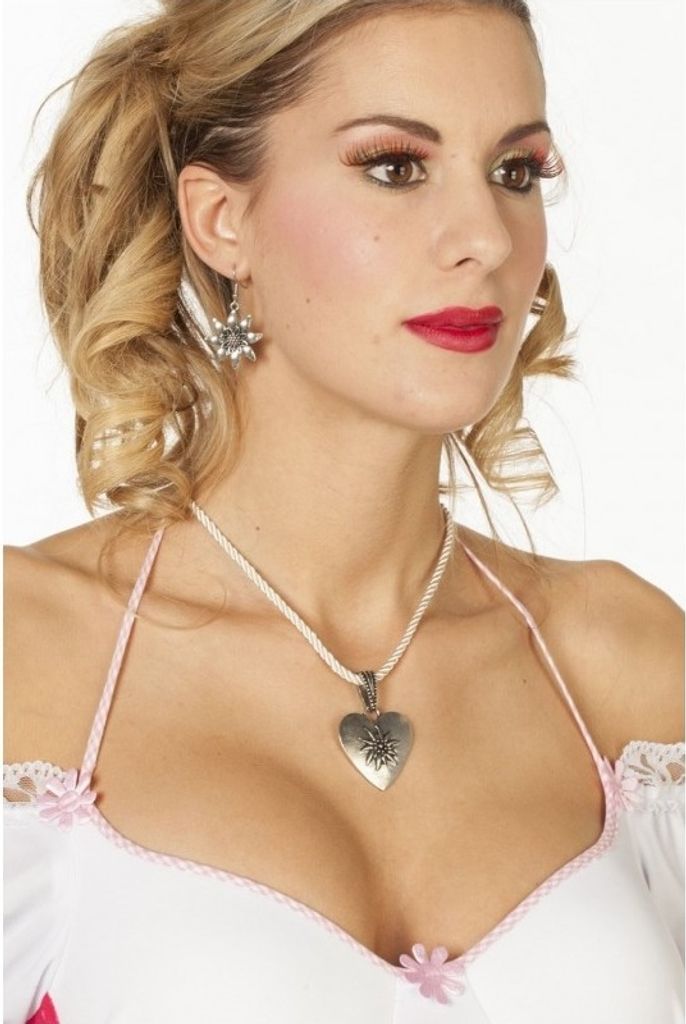 W31514 silberfarbend Damen Trachten Kette Edelweiß Herz