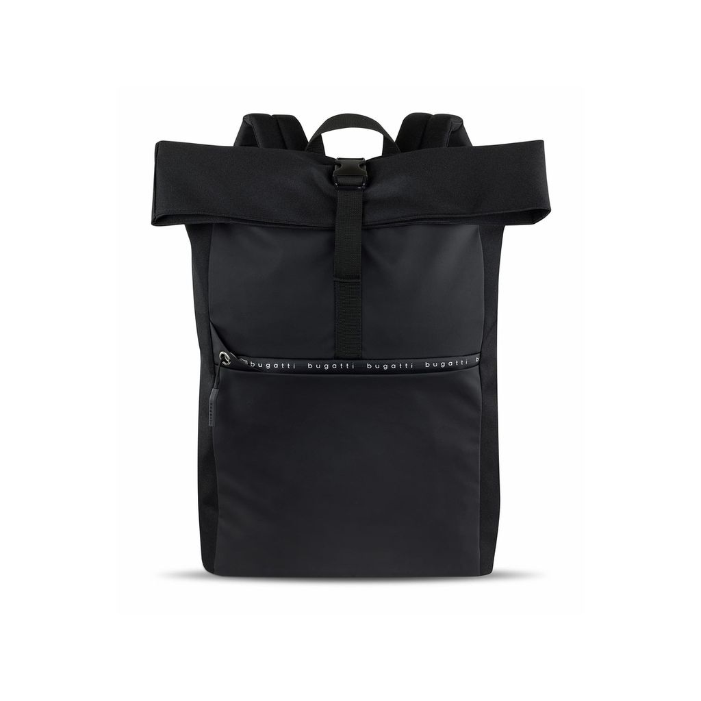A black rolltop backpack is shown against a white background.