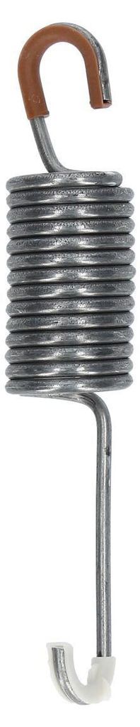 A close-up studio shot of a washing machine spring with hooks on either end.