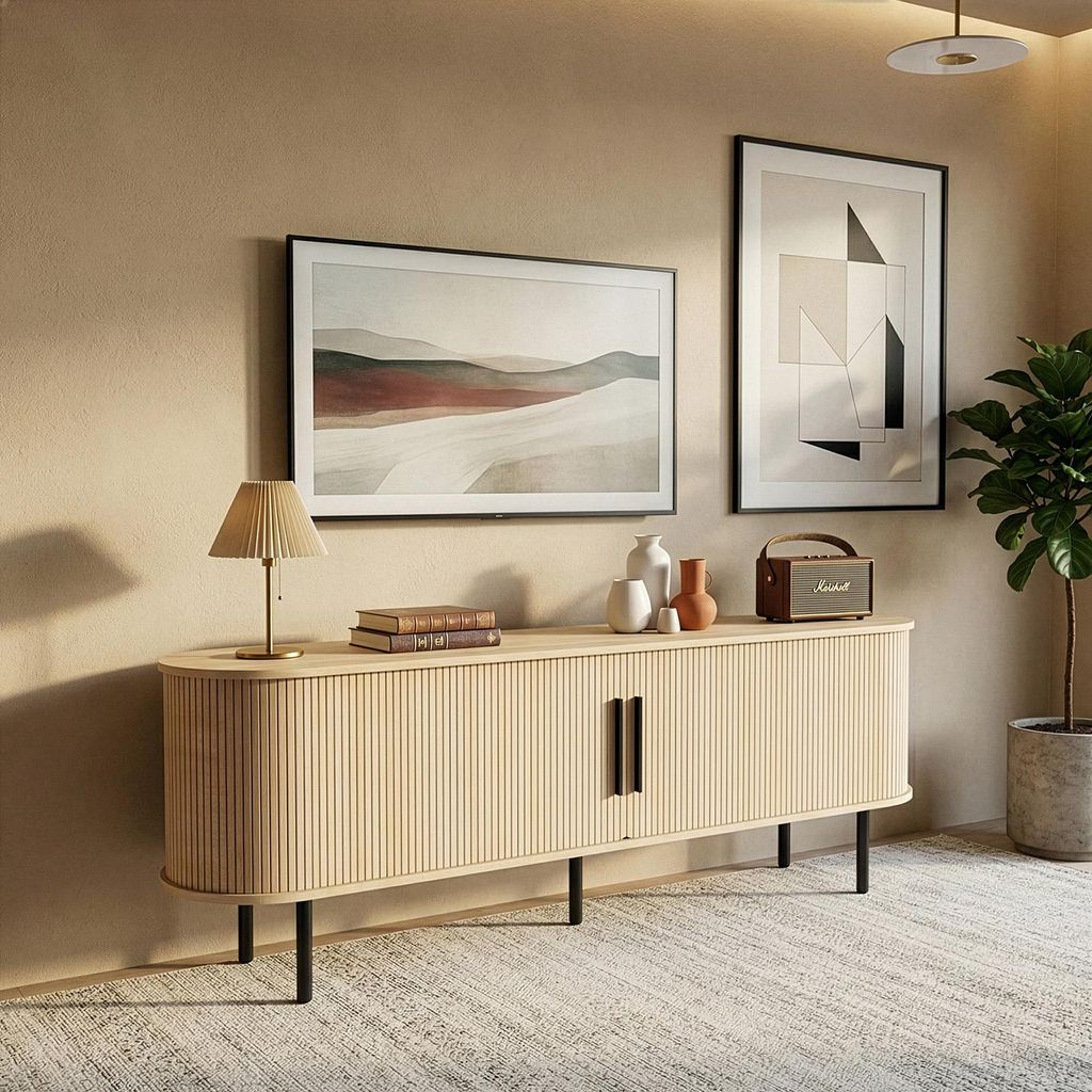 TV-Schrank mit Relief-Oberfläche, Spanplatte, ovaler Produktbild 