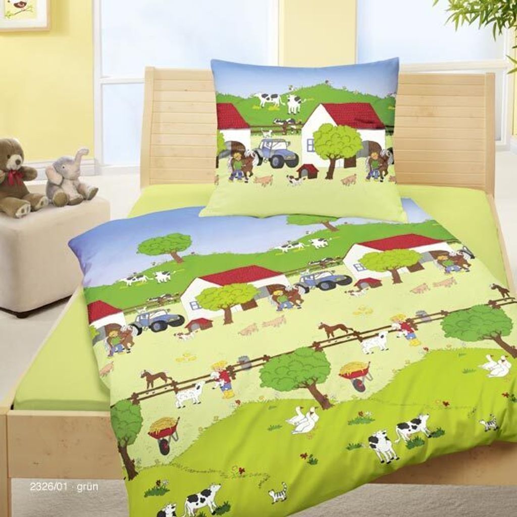Bierbaum Kinder Biber Bettwäsche 2 tlg. 135x200cm Dinosaurier Pferde Astronaut Bauernhof Einhorn Fußball Baustelle, Farbe:Bauernhof