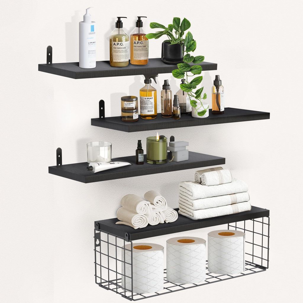 Schwarzes Wandregal, 4er-Set, schwebendes Holzregal mit Drahtkorb, Wandregal für Gewürze, Hängeregal für Bad, Schlafzimmer, Wohnzimmer, Küche,...