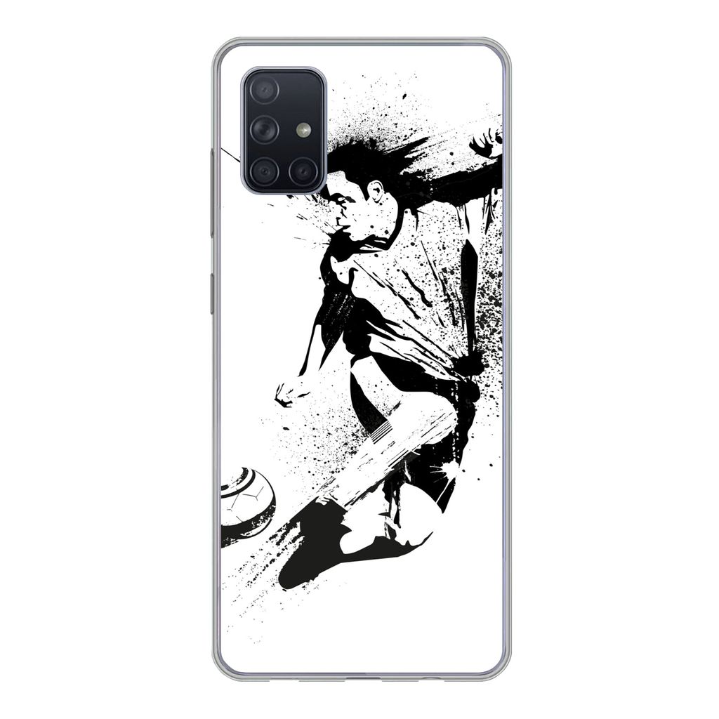 MuchoWow Handyhülle Schutzhülle Hülle für Samsung Galaxy A71 Eine Illustration einer Person, die einen Fußball in Richtung Tor schießt - Ju...