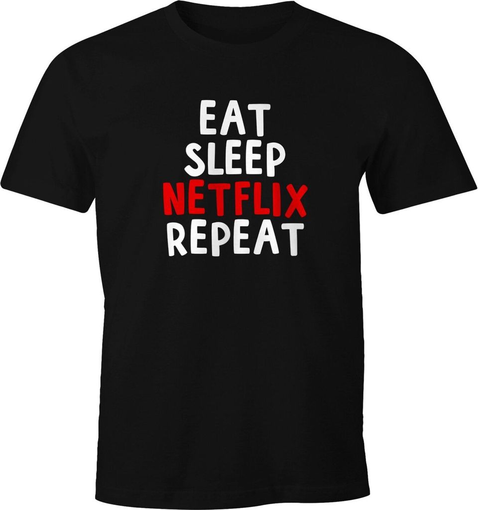Herren T-Shirt Eat sleep Netflix repeat Fun-Shirt Spruch-Shirt Moonworks schwarz 3XL