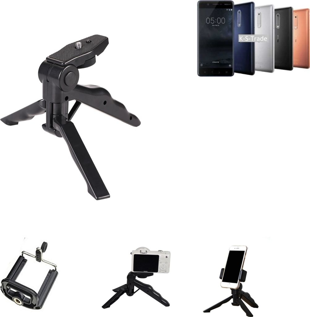 K-S-Trade Stativ Tisch-Ständer Dreibein Handy-Stativ Ständer kompatibel mit Nokia 5 Dual-SIM Mini-Stativ Smartphone Tripod Handy-Stativ aus Plastik