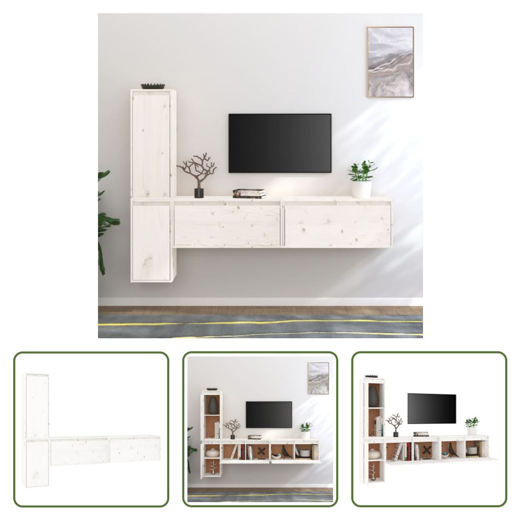 The Living Store TV-Schränke 4 Stk. Weiß Massivholz Kiefer