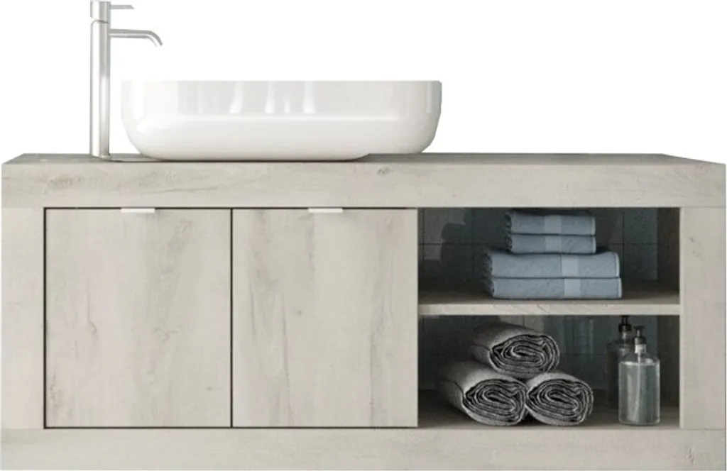 Meuble de Salle de Bain Isora 92 cm avec Lavabo Intégré Blanc Effet Bois