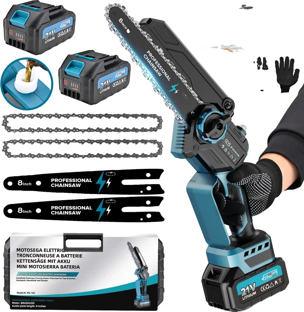 Tronçonneuse d'élagage sans fil 8 pouces et 2 batteries 8000mAh pour jardin