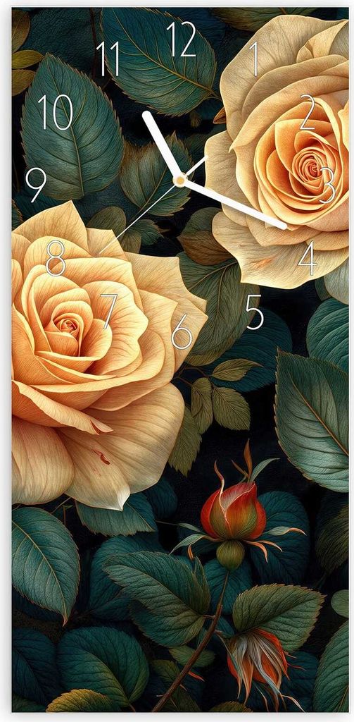 Wanduhr aus Glas mit Motiv Rosenmuster Blumen- 30 x 60 cm - inkl. Aufhängesystem