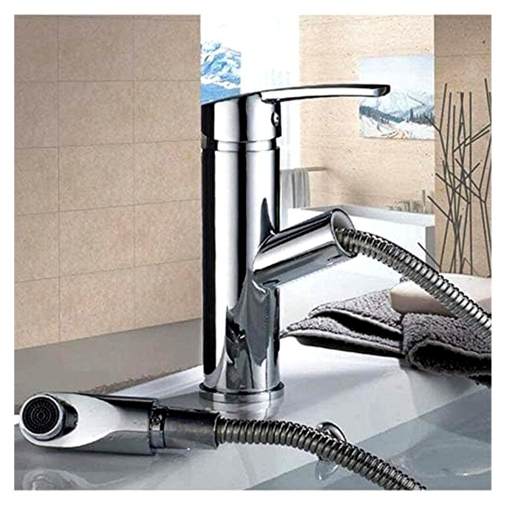 Küchenarmatur, Wasserhahn, Waschtischarmatur, Chrom-Messing, Badezimmer-Wasserhahn, Einhand-Auszieh-Waschtischarmatur, Waschbecken, Kalt- und Warm...