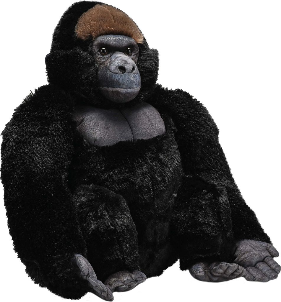 A plush toy gorilla sitting against a white background.