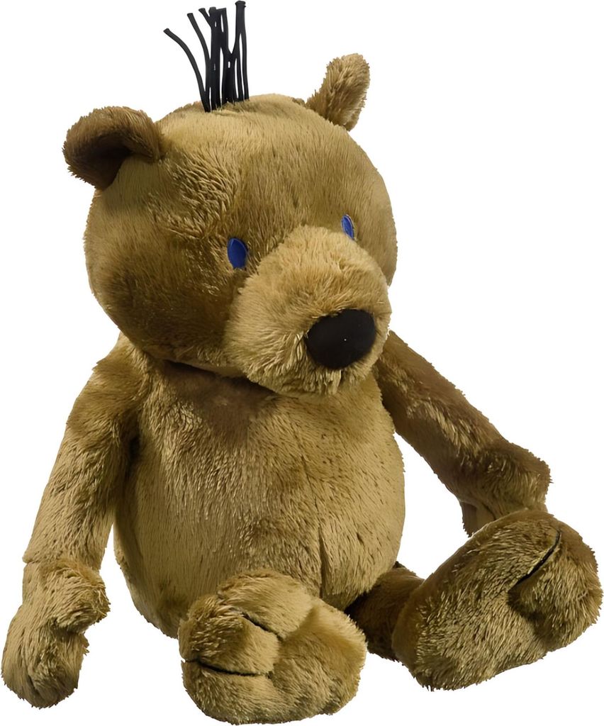 A brown teddy bear is sitting down.