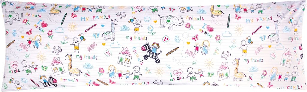 Renforcé Seitenschläferkissen Bezug 40x145cm - Familie und Tiere gemalt - 100% Baumwolle, Kissenbezug, Kinder (EW-My-Family)
