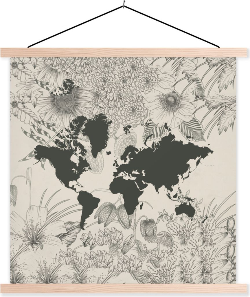 MuchoWow Textilposter Weltkarte - Grau - Blume 40x40 cm mit holzfarbenen Rahmen - Posterleiste