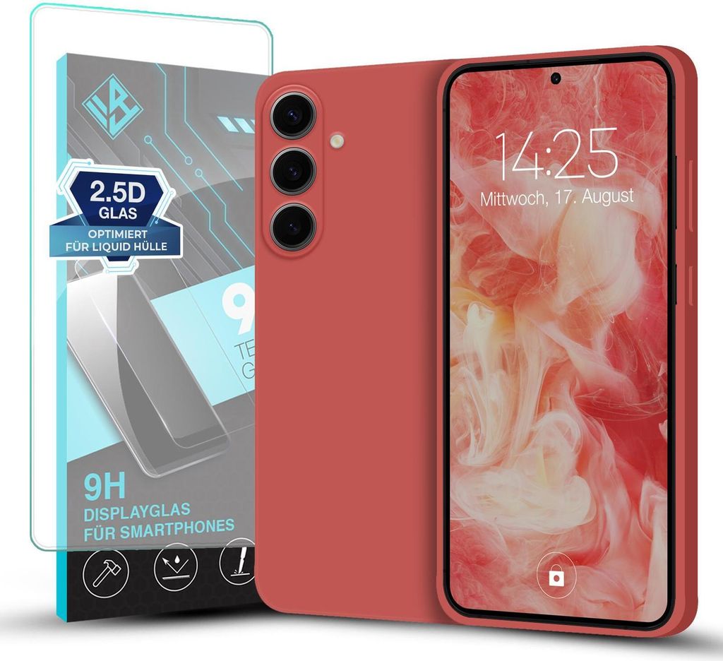 Hülle für Samsung Galaxy S24 FE mit 9H Displayglas Displayschutz Plus Case Cover Bumper Silikon Softgrip Schutzhülle Farbe: Rot