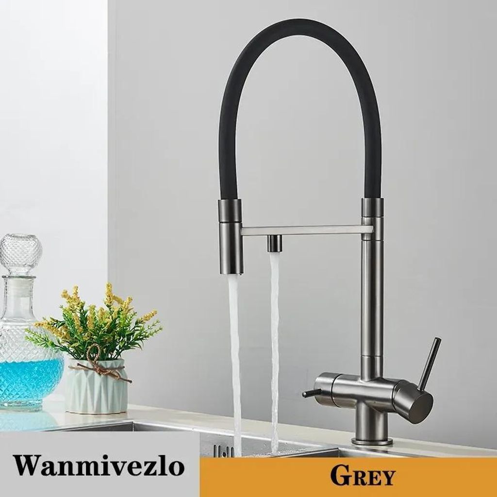 Küchenarmatur für Wasserfilter - Doppel-Auslauf - Warm- & Kaltwasser - Schwenkbar - Ausziehbrause - Einlochmontage - Gebürstetes Messing - Grün