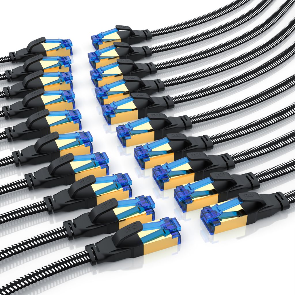 Primewire 20x LAN-Kabel, CAT.8, RJ-45 (Ethernet) (25 cm), Patchkabel flach CAT 8, Baumwollmantel Flachband Netzwerkkabel - 0,25m
