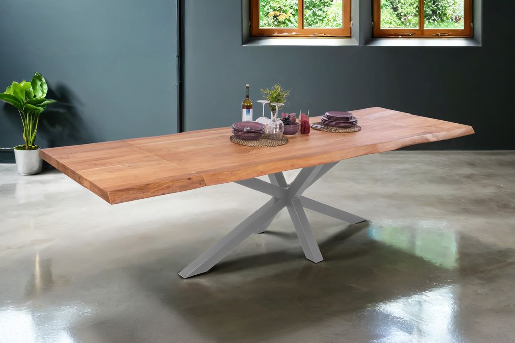 Esstisch mit Ansteckplatten 200(300)x100 cm Baumkante Akazie natur Spider-Gestell silber CALI