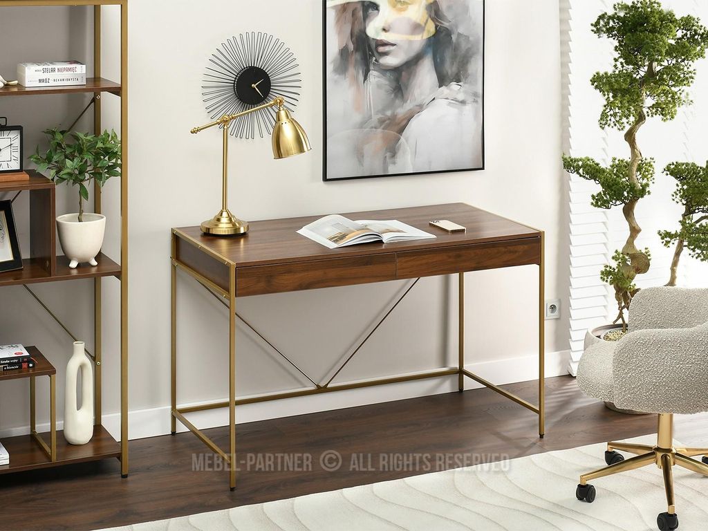 A home office setup with a desk, chair, and shelving.