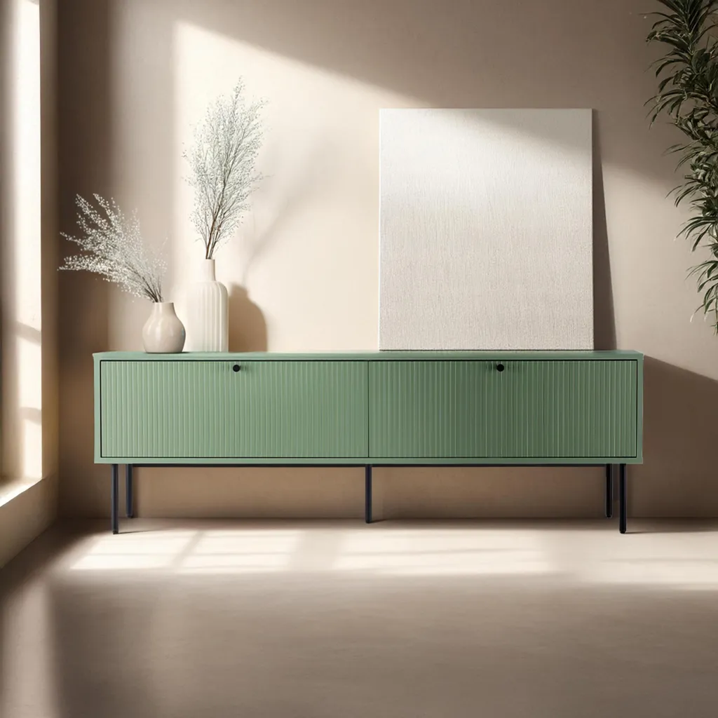 Meuble TV Oviala Romeo 150 cm en acier et MDF vert sauge - 2 portes