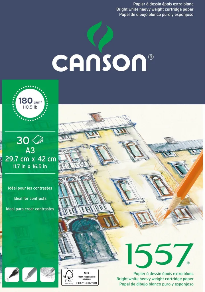 Bloc Dessin A3 Canson 1557 180g Idéal pour Croquis et Esquisses au Crayon