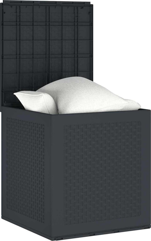 A dark grey storage box with its lid open, revealing two white pillows inside.