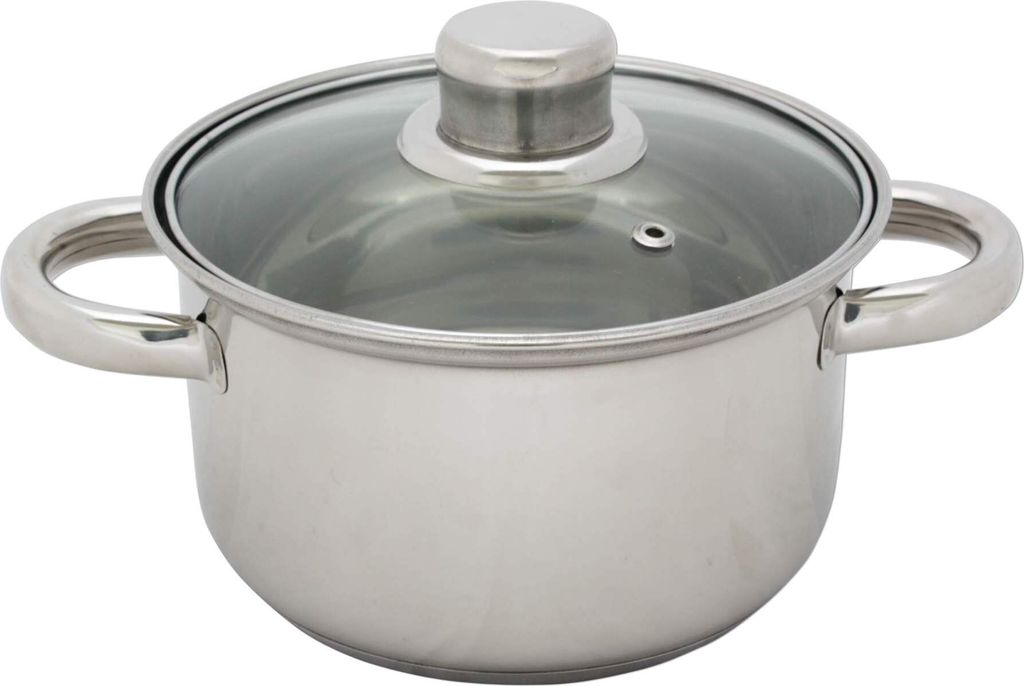 A stainless steel cooking pot with a glass lid is shown against a white background.