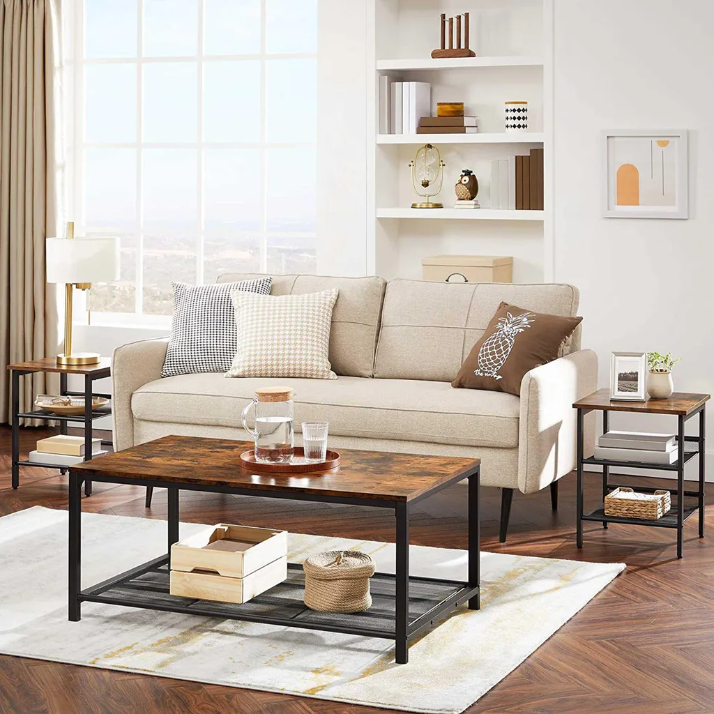 Table d'appoint rustique Brad 40x40 lot de 2 avec double étagère bois