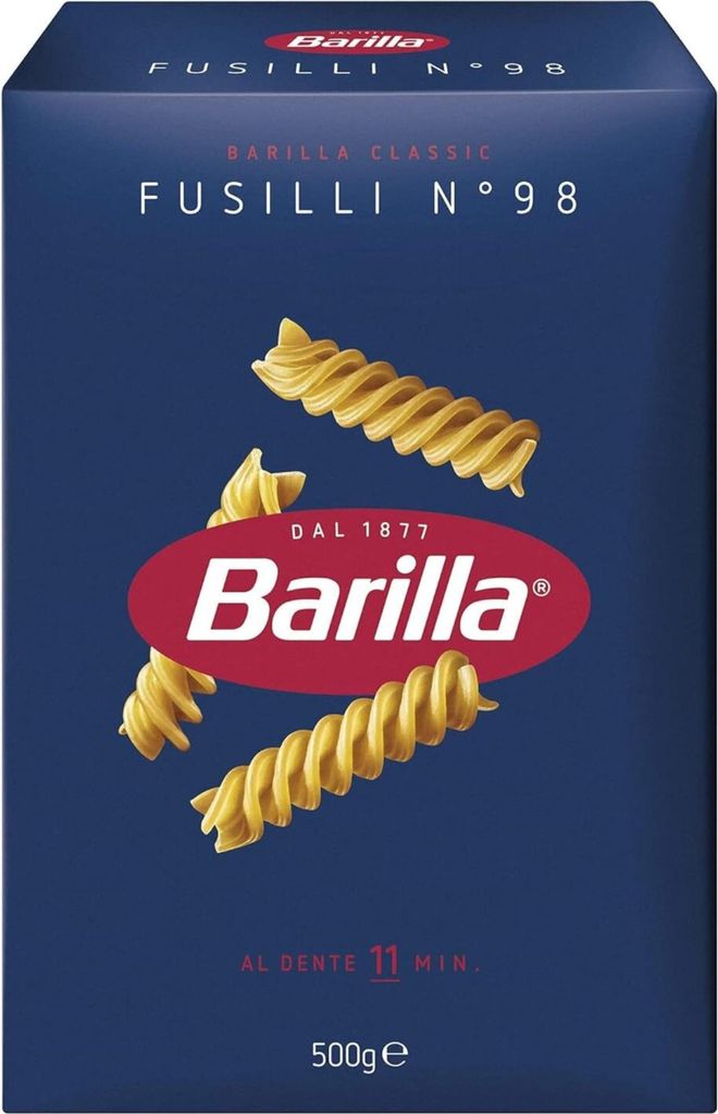A box of Barilla Fusilli pasta.