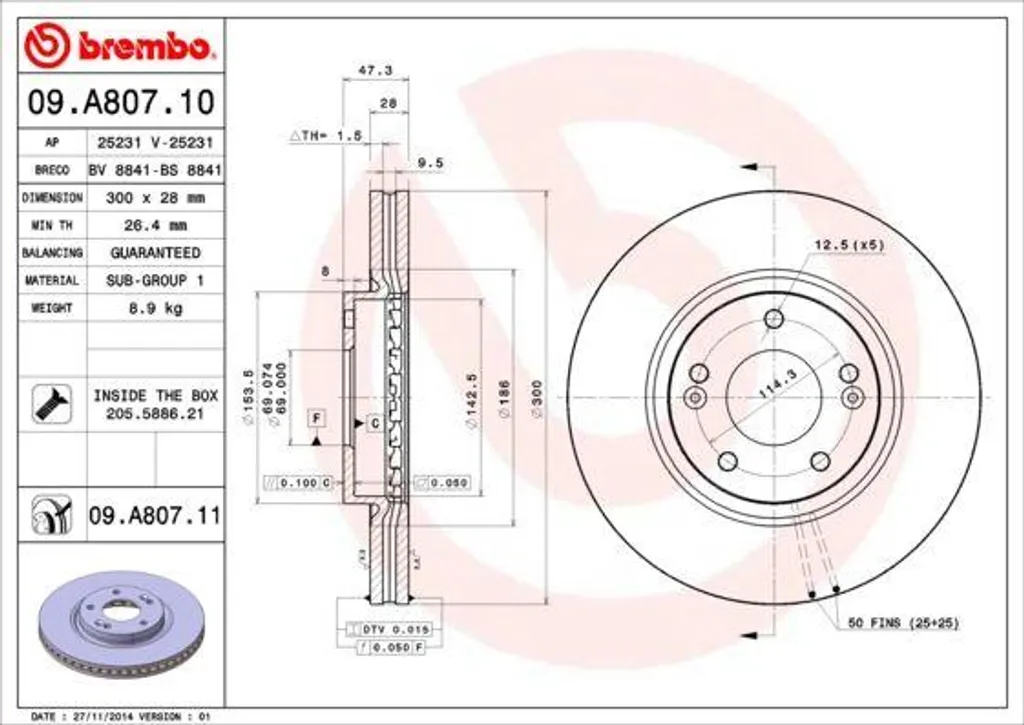 Brembo 09.A807.11 Disque de frein OE 517120Z000 pour Kia Sportage JE KM
