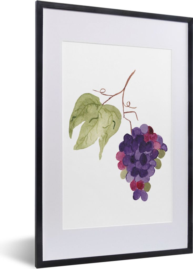 MuchoWow Gerahmtes Poster Weintrauben - Blätter - Zweig - Aquarell 40x60 cm - Poster mit Schwarzem Bilderrahmen Wandposter Rahmen Foto Bilder - ...