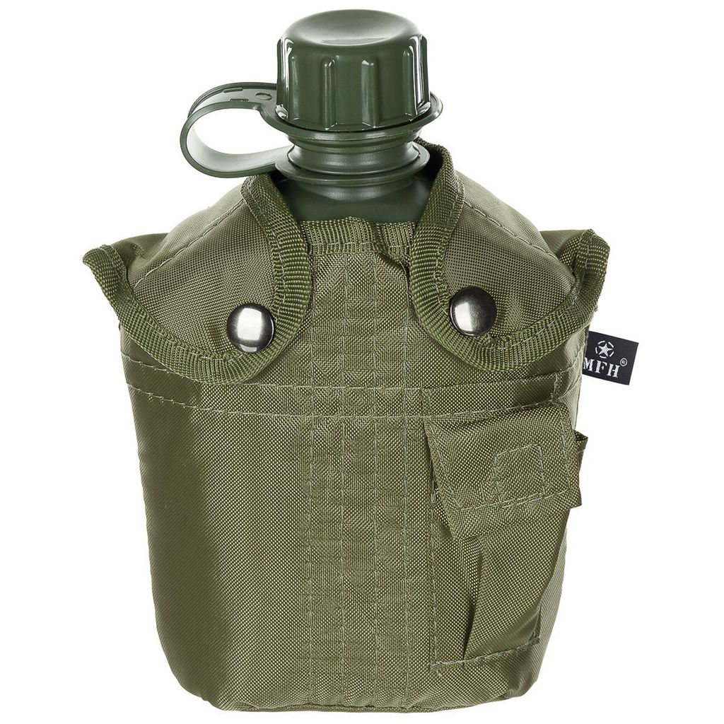 MFH | US Plastikfeldflasche | 1 Liter | oliv | BPA-frei | Trinkflasche inkl. Hülle