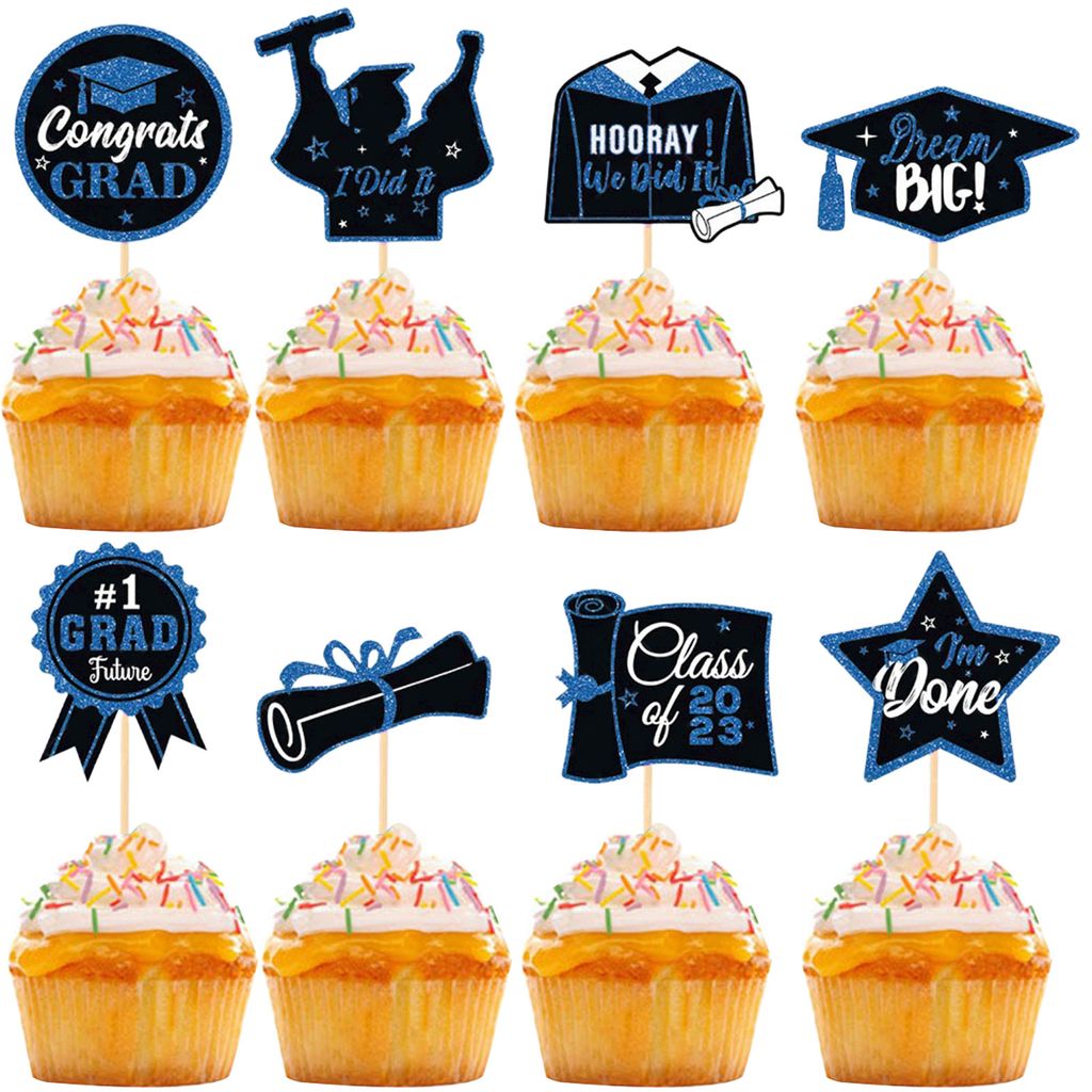 1 Set Cupcake Topper mit Bambusstangen Glitzer Hat Diploma Gown Star 2023 Abschlussfeier Kuchendekoration Pick Cake Supplies-Blau