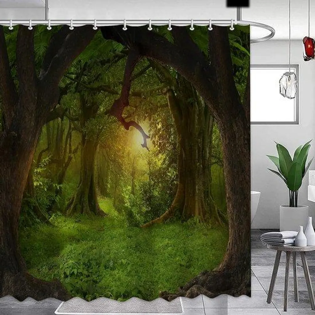 Rideau de douche anti-moisissure vert 183 x 183 cm avec motif paysage
