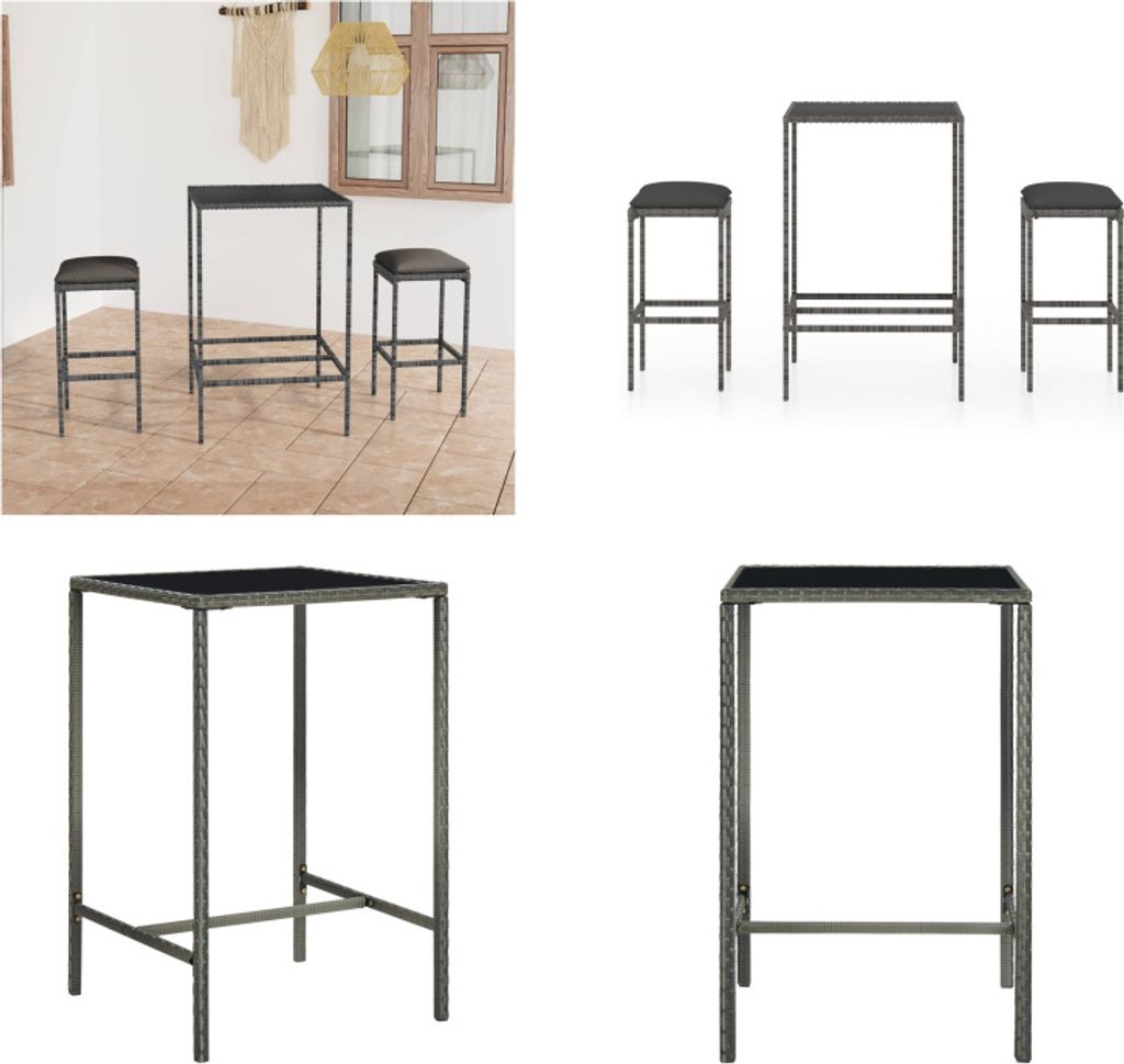 vidaXL 3 tlg. Gartenbar Set mit Kissen Poly Rattan Grau - Bar-Set - Bar-Sets - Bartisch Und Barhocker - Bartisch