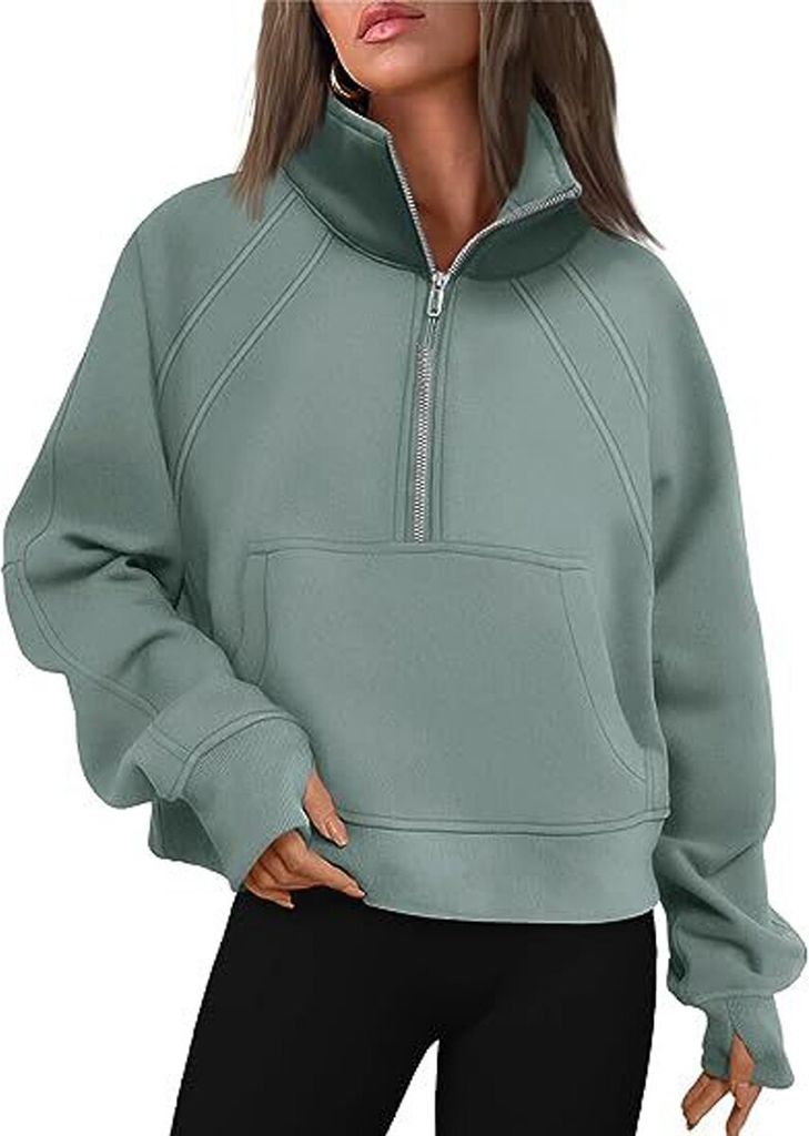 ASKSA Damen Sweatshirt Stehkragen Reissverschluss Pullover Einfarbige Fleece Oberteile, Gruen, XL