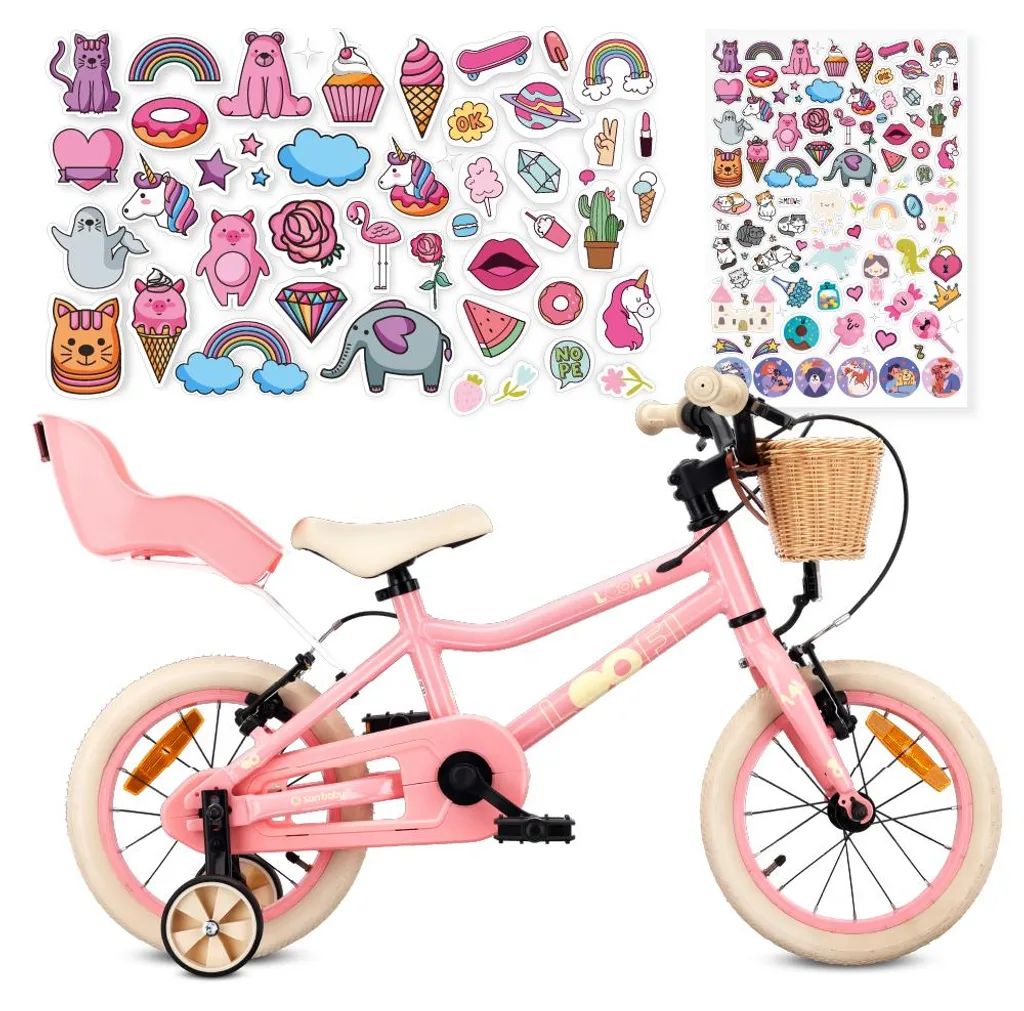 Vélo fille 14 pouces LOOFI rose en aluminium léger avec panier et poupée