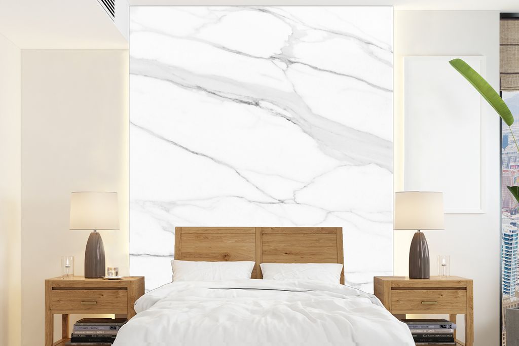 MuchoWow Fototapete für Wohnzimmer oder Schlafzimmer Wandtapete Vinyl Motivtapete Marmor - Weiß - Linie - Muster - Luxus - Marmoroptik - 205x28...