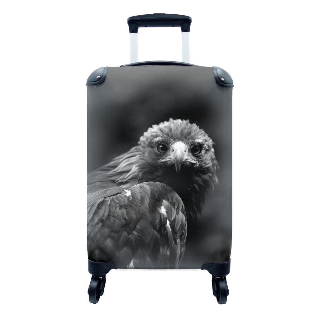 MuchoWow Koffer Handgepäck Trolley Rollkoffer Kleine Reisekoffer mit 4 Rollen - Nahaufnahme eines Steinadlers - schwarz und weiß - Cabin Size <...