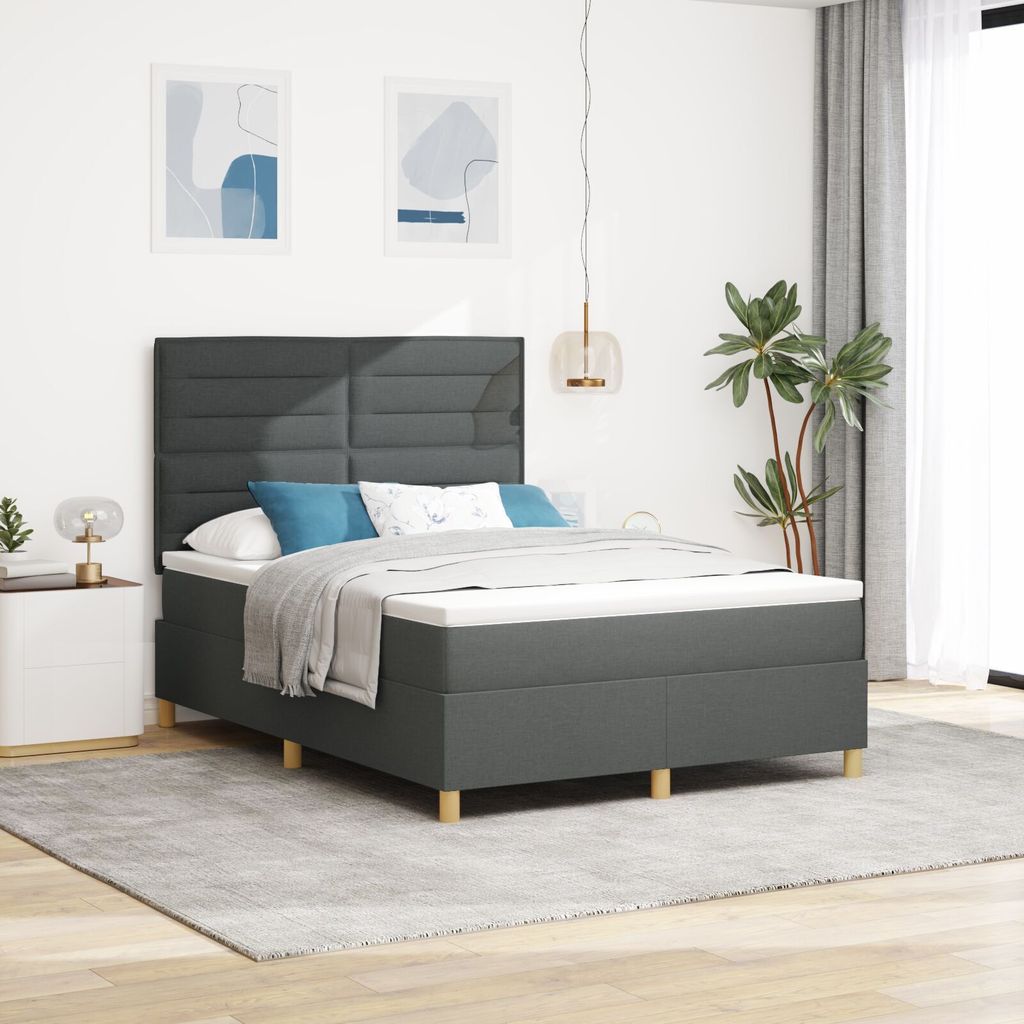 Boxspringbett mit Matratze Dunkelgrau 140x190 cm Stoff, Klassische Betten DesignMöbel Neu