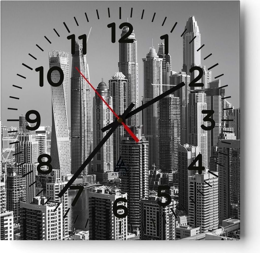 Wanduhr - Quadrat - Glasuhr - Wolkenkratzer Fotografie Dubai - 30x30cm - Schleichendes Uhrwerk - Lautlos - zum Aufhängen bereit - Dekoration Moder...