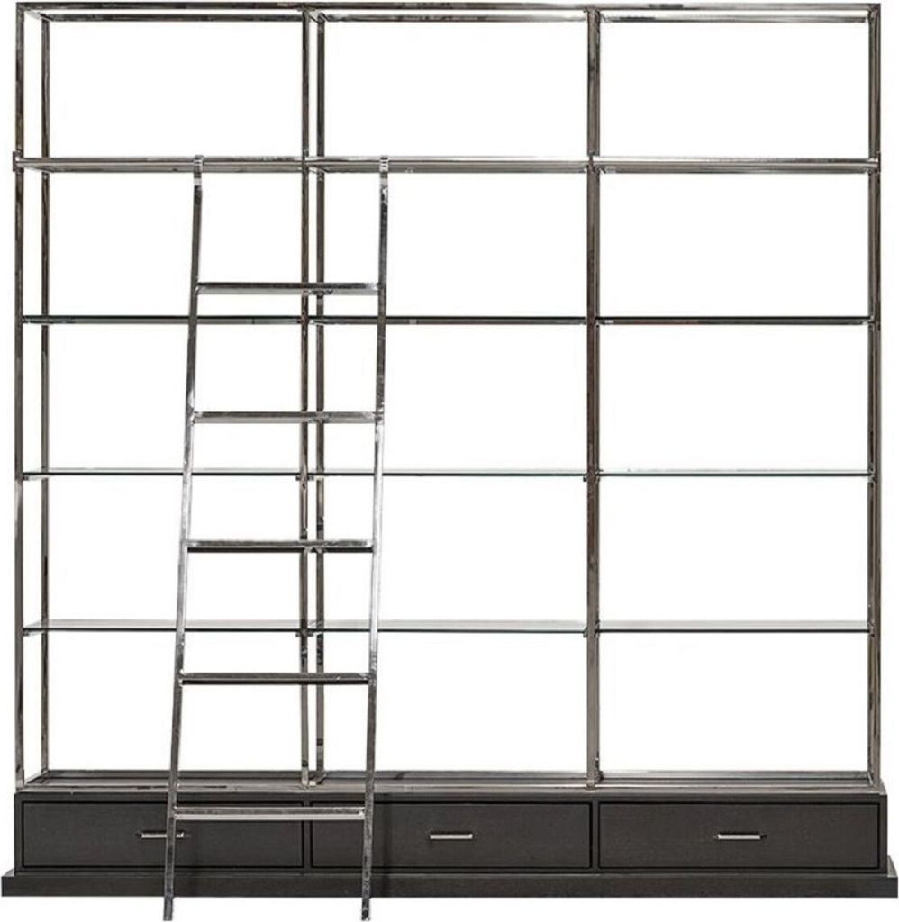 Casa Padrino Regalschrank mit Leiter Silber / Schwarz 220 x 45 x H. 240 cm - Bücherschrank - Wohnzimmer Schrank - Büro Schrank - Wohnzimmer Möbe...