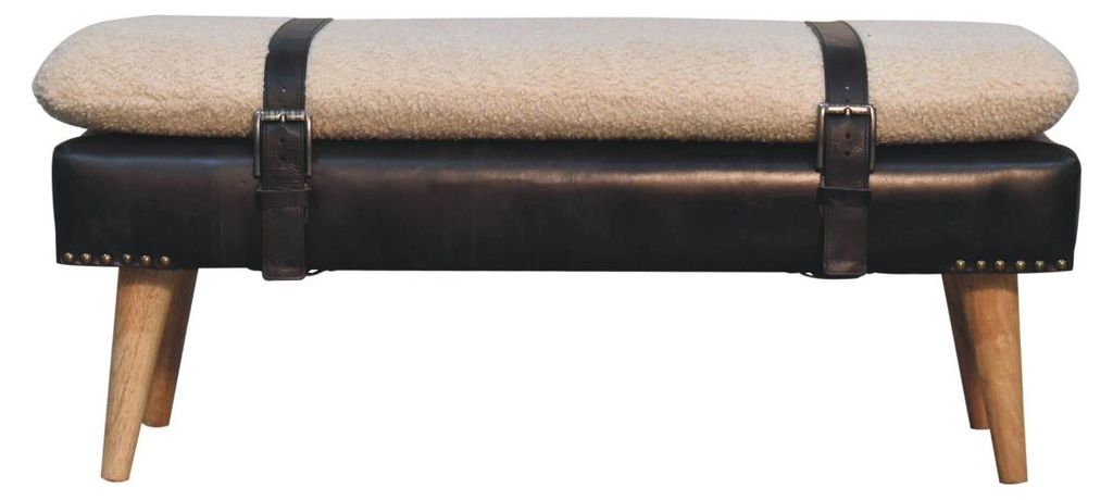 Artisan Furniture Massivholz Bouclé-Bank aus Büffelleder in Schwarz