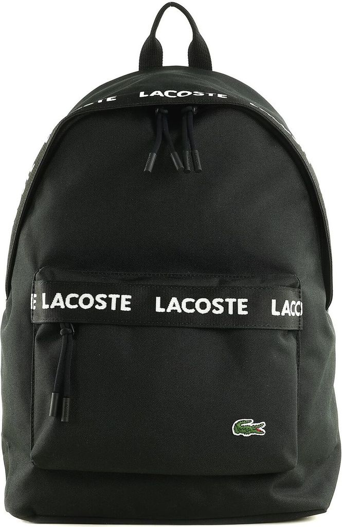A black Lacoste backpack is shown against a white background.