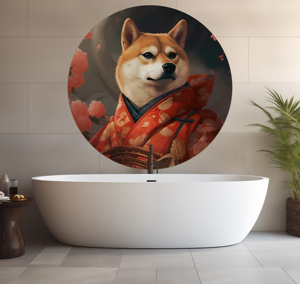 Wallario wasserfestes Poster selbstklebend 120 x 120 cm, Samurai Shiba, Badezimmerposter Spritzschutz mit Hochglanzoberfläche in Glasoptik