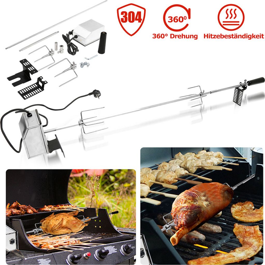 Fiqops Edelstahl Grillspieß Set 117cm BBQ Fleischklammer mit Motor inkl. Fleischnadeln 220V-240V Elektrischer Drehspieß Rotisserie Drehspiess Cam...