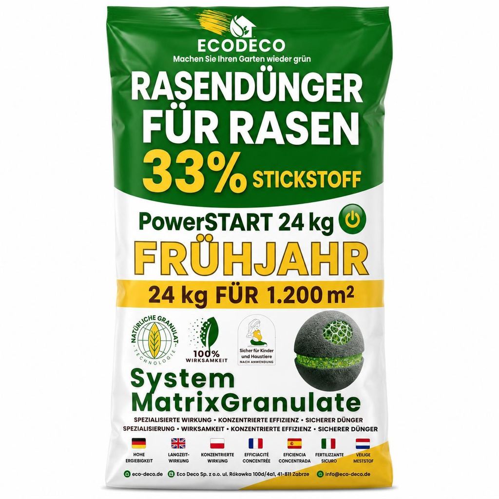 Rasendünger Frühjahr 24 kg - Organischer Dünger Rasen Stickstoff - Organisch und Langzeit Frühjahrsdünger - 2 kg für 100 m²